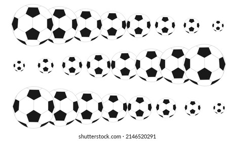 Papel de pantalla con bolas de aumento de fútbol colocadas en una línea horizontal. Fondo para objetos en blanco.