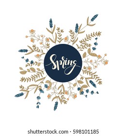 vector wallpaper template with hand drawn word spring in a blue circle frame with hand drawn pretty field flowers around