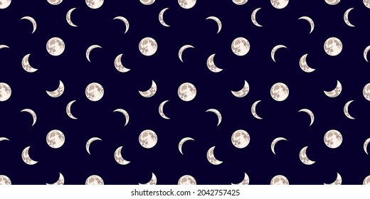 Vector Wallpaper Template, Seamless Pattern: Moon, Night Sky Dark Background with Different Phase of Moon, Cartoon Illustration.
