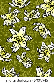 Vector wallpaper with white flowers on a green background