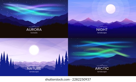 Vektorhintergründe. Eine Sammlung von Landschaften. Aurora Borealis in der Arktis, Berge und Wald, Sonnenuntergang, Nachtszene. Minimalistischer Flachstil. Design von Banner, Web-Hintergrund, Bildschirmhintergrund, Abdeckung.