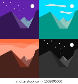 Vector wallpapers in four minimalist beautiful mountain flat concept. Background for games, web design.

