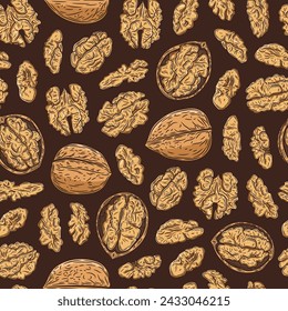 Vector walnut colorful seamless pattern or background. Walnut kernels and shells