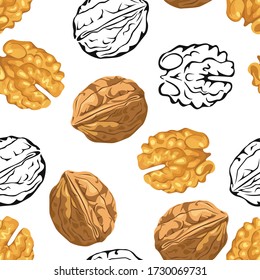 Vector Walnut seamless pattern. Color cartoon flat illustration of nuts on  white background. Black and white outline.