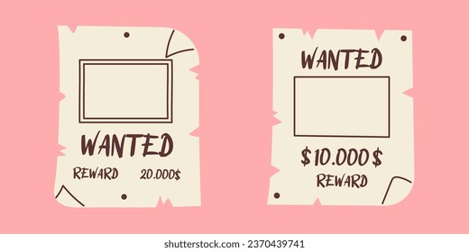 Vector wanted posters. Wild west and Texas concept. Western reward flyer template. Old wanted poster with  money cash reward.