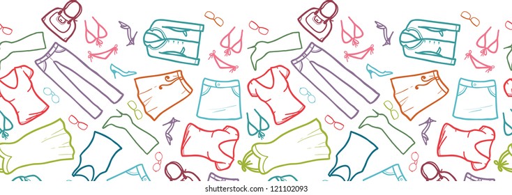 Vector wardrobe clothing horizontal seamless pattern ornament background with hand drawn line art elements.
