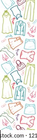 Vector wardrobe clothing vertical seamless pattern ornament background with hand drawn line art elements.