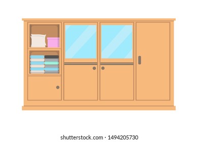Vector of wardrobe, regular wardrobe clothes, used for interior setup, furniture. Natural wooden furniture in flat style.