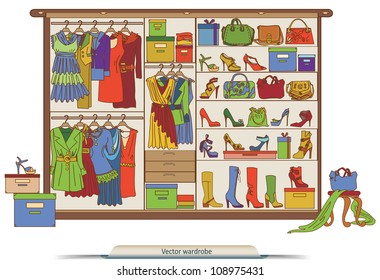 Vector wardrobe with various shoes, bags and clothes