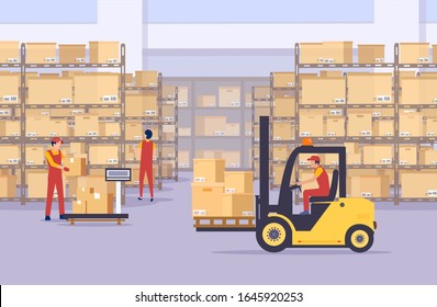 Vector of a warehouse with boxes and employees managing goods