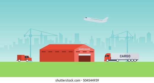 Vector warehouse building flat trucks and the road. Design elements for info graphic,engineering and warehouse firms, companies on cargo delivery.