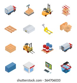 Vector warehouse equipment icon set with cargo, scales, forklift, rack, pallet, warehouse, pallet truck, box, barrels, sea container, shop, personal computer and a basket