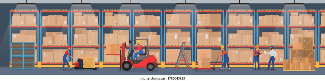 Vector Warehouse interior wide panorama with workers arranging goods on the shelves and dip boxes