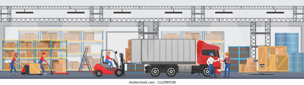 Vector Warehouse interior with workers arranging goods on the shelves and dip boxes into a truck. Warehouse modern interior wirh cargo truck.