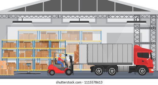 Vector Warehouse interior with workers arranging goods boxes into a truck. Warehouse modern interior wirh cargo truck.