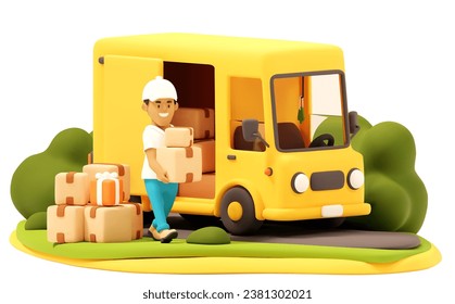 Vektor Warehouse Worker oder Courier Loading Yellow Van mit Pappboxen und Geschenkbox. Cartoon Illustration für Shopping Delivery und Mail Service