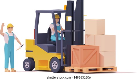 Vector warehouse worker and forklift driver, yellow forklift loaded with pallet with goods in boxes