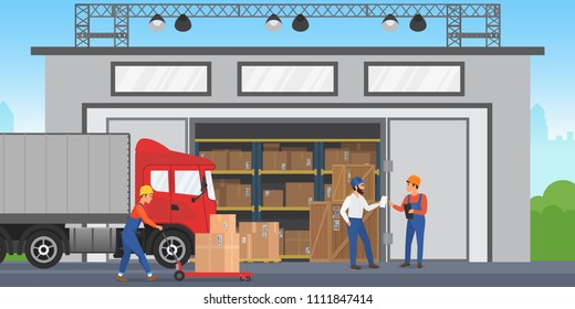 Vector Warehouse workers are arranging goods on the shelves. Warehouse exterior building wirh cargo truck.