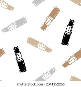 Vector Warm Beige, Brown, Gray and Black Lipsticks Drawing on White seamless pattern background. Perfect for web design fabric, wallpaper and scrapbooking projects.