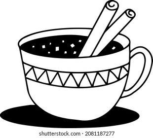 Vector warm cup of coffee or tea with cinnamon and marshmallow. Spices. Graphic arts. Digital illustration. Care, cozy home, hugge. Relaxation design element. Suitable for greating cards, logos. 