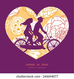 Vector warm day flowers couple on tandem bicycle heart silhouette frame pattern greeting card template