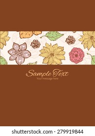 Vector warm fall lineart flowers stripe frame vertical card invitation template