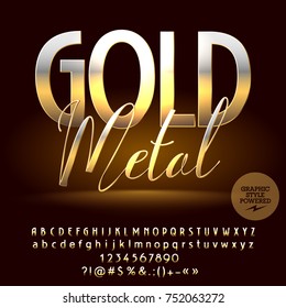 Vector warm gold reflective set of Alphabet letters, Numbers and Punctuation Symbols. Metal Font contains Graphic style