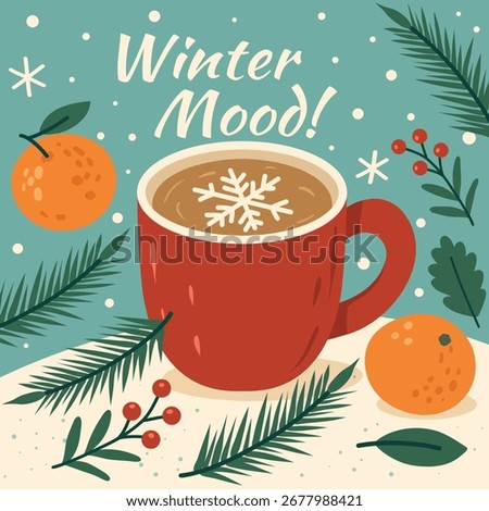 Vector warm illustration with a cup of hot cocoa, oranges and fir branches. Symbol of coziness and New Year mood. Great for packaging and postcards, holiday designs, social networks