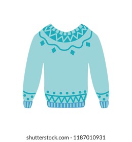 Vector warm knitted wool pullover flat icon. Cold weather apparel, fashion design element. Cotton, textile green sweater for active leisure. Isolated illustration