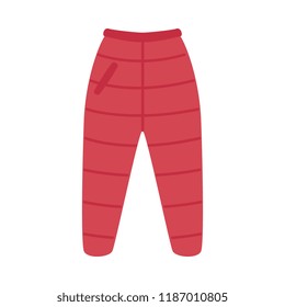 Vector warm trousers, pants red flat icon. Cold weather season autumn, winter outdoor clothing for active leisure, outdoor sport activities. Male, female garment, apparel.