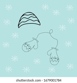 Vector with Warm winter hat and mittens in doodle style. Vector hand drawn illustration.