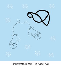 Vector with Warm winter hat and mittens in doodle style. Vector hand drawn illustration.