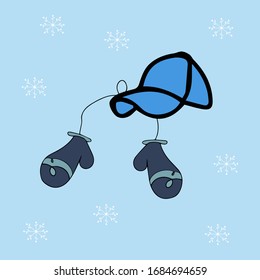 Vector with Warm winter hat and mittens in doodle style. Vector hand drawn illustration.