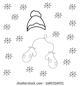 Vector with Warm winter hat and mittens in doodle style. Vector hand drawn illustration.
