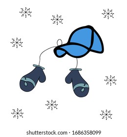 Vector con sombrero cálido de invierno y mitones en estilo doodle. Ilustración dibujada a mano por vectores.