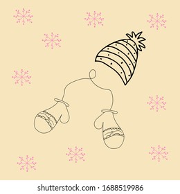 Vector con sombrero cálido de invierno y mitones en estilo doodle. Ilustración dibujada a mano por vectores.