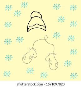 Vector con sombrero cálido de invierno y mitones en estilo doodle. Ilustración dibujada a mano por vectores.