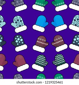 Vector warm winter mittens blue pattern 