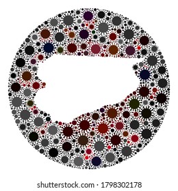 Vector Warmian-Masurian Voivodeship map collage of SARS virus. Infection attacks the lockdown territory from outside.