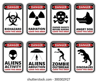 Vector warning humorous signs with sci-fi and rare hazards - vector set