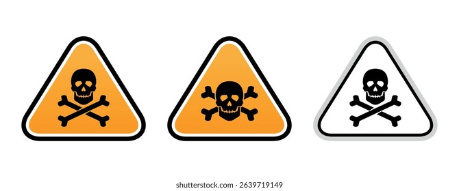 Vector warning sign with skull and crossbones symbol. Indicates toxic, hazardous or deadly substances. Set of danger icons in triangle shapes, for labels, signage, safety alerts.