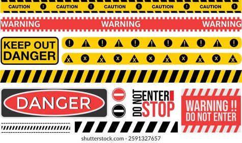 Vector warning signs, caution tapes, and safety symbols for industrial, construction, and digital alerts. Customizable and high-quality