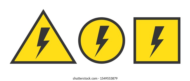 Vector Warning signs with lightning. Set of Electrical hazard symbols in flat design. Thunderbolt danger high voltage sign. Vector icon isolated.