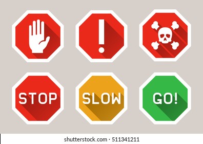 Vector warning, stop signs icons in flat style with shadow