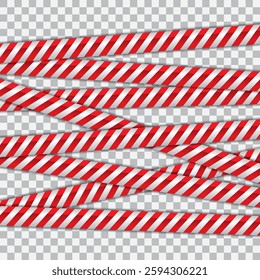 Vector Warning Tapes Set. Red and White Danger Caution Sign. Striped Transition Abstract Strict Barrier. Diagonal Striped Lines. Danger in Construction or on the Road.