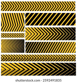 Vector Warning Tapes Set. Yellow and Black Danger Caution Sign. Striped Transition Abstract Strict Barrier. Diagonal Striped Lines. Danger in Construction or on the Road.