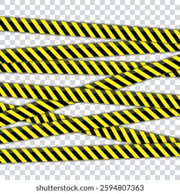 Vector Warning Tapes Set. Yellow and Black Danger Caution Sign. Striped Transition Abstract Strict Barrier. Diagonal Striped Lines. Danger in Construction or on the Road.