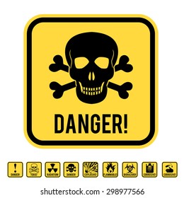 Vector warning yellow road sign with skull and crossed bones - symbols of lethal danger