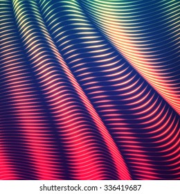 Vector warped dotted lines background. Flexible stripes of shining points twisted as silk forming volumetric folds. Glowing point cyber waves. Modern abstract creative backdrop.