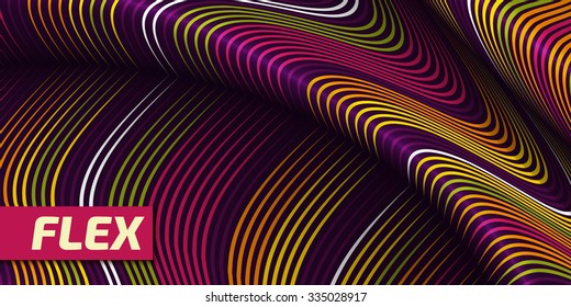 Vector warped lines background. Flexible stripes twisted as silk forming volumetric folds. Colorful variable width stripes with shadows and highlights. Modern abstract creative backdrop.
